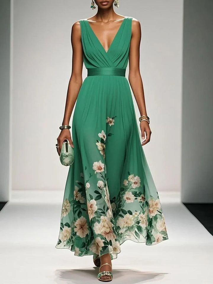 Effortless Floral Maxi Dress for Women with V Neck Sleeveless Flowing Formal Wedding Guest Style