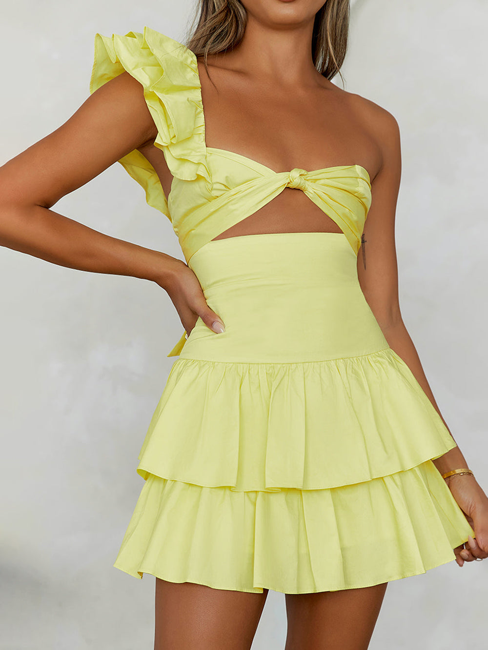 Effortless Floral Mini Dress for Women with One Shoulder Ruffle Cutout Tiered Bohemian Style