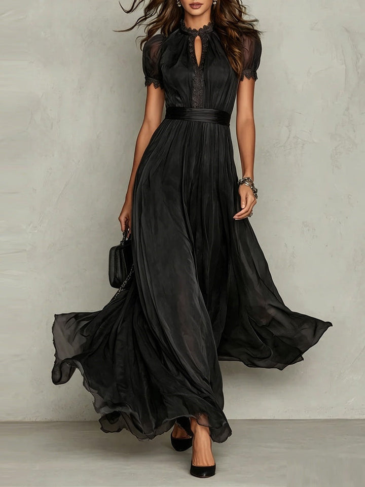 Elegant Chiffon Maxi Dress for Women with High Neck Keyhole Puff Sleeve Flowing Style