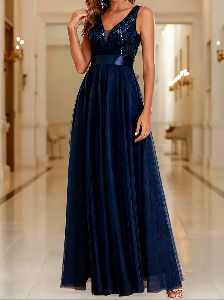 Elegant Embroidered Sequin Maxi Dress for Women with V Neck Sleeveless A Line Formal Wedding Guest Style