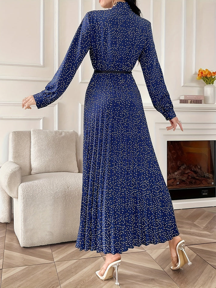 Elegant Polka Dot Maxi Dress for Women with Tie Neck Long Sleeve Pleated Belted Flowing Style