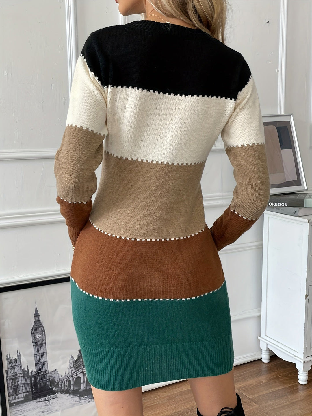 Elegant Colorblock Sweater Dress for Women with Crew Neck Long Sleeve Bodycon Knit Style