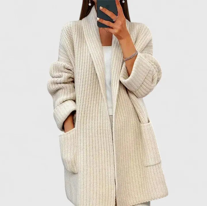 Comfortable Waffle Knit Cardigan for Women with Notched Collar Long Sleeve Oversized Longline Style