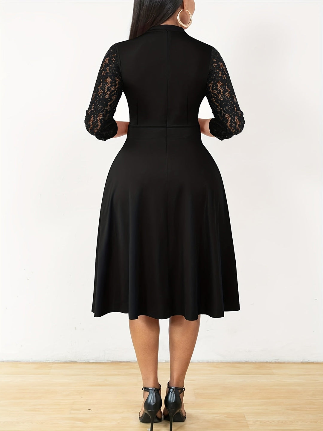 Elegant Lace Midi Dress for Women with Notch Neck Three Quarter Sleeve Fit and Flare Cocktail Style
