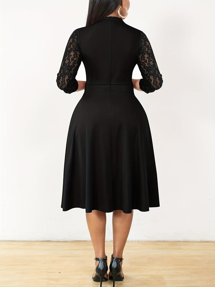 Elegant Lace Midi Dress for Women with Notch Neck Three Quarter Sleeve Fit and Flare Cocktail Style