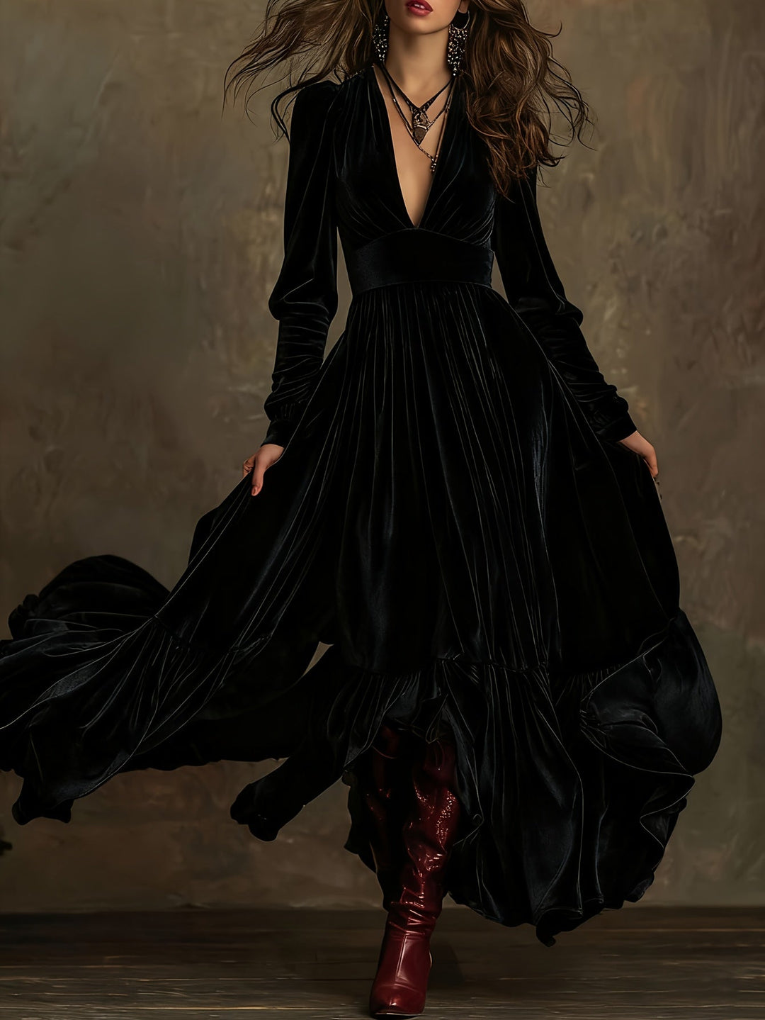 Elegant Velvet Maxi Dress for Women with Plunging V Neck Long Sleeve Tiered Ruffle Flowing Style