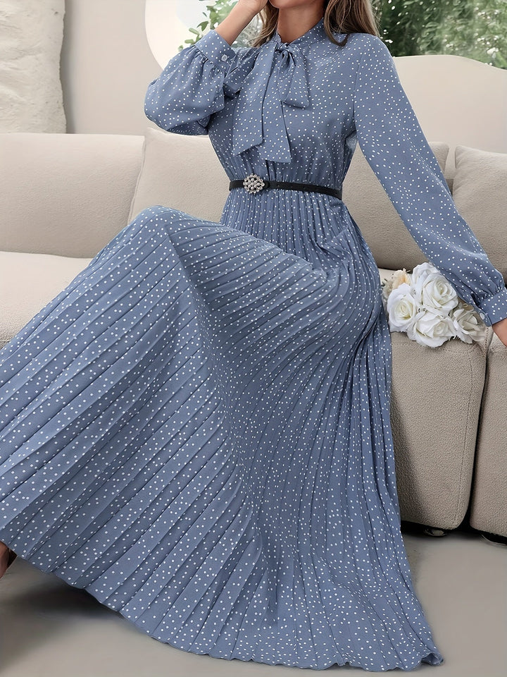 Elegant Polka Dot Maxi Dress for Women with Tie Neck Long Sleeve Pleated Belted Flowing Style