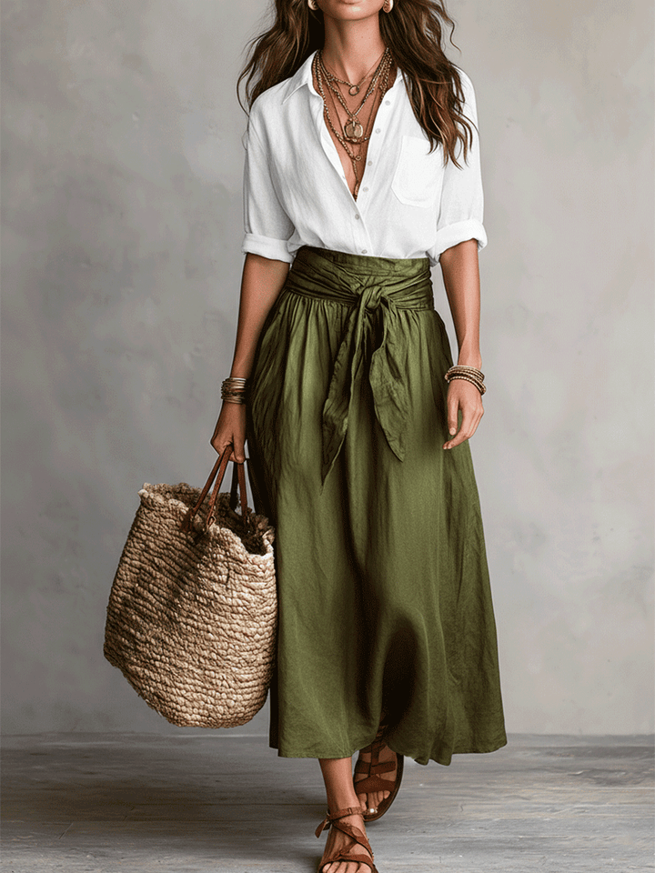 Effortless Linen Two Piece Set for Women with Button Front Tie Waist Maxi Skirt Boho Style