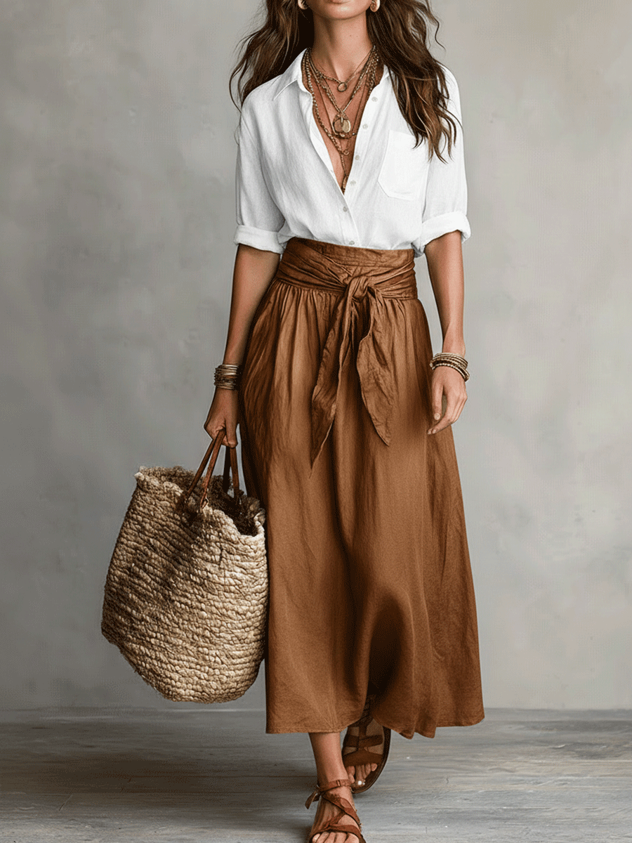 Effortless Linen Two Piece Set for Women with Button Front Tie Waist Maxi Skirt Boho Style