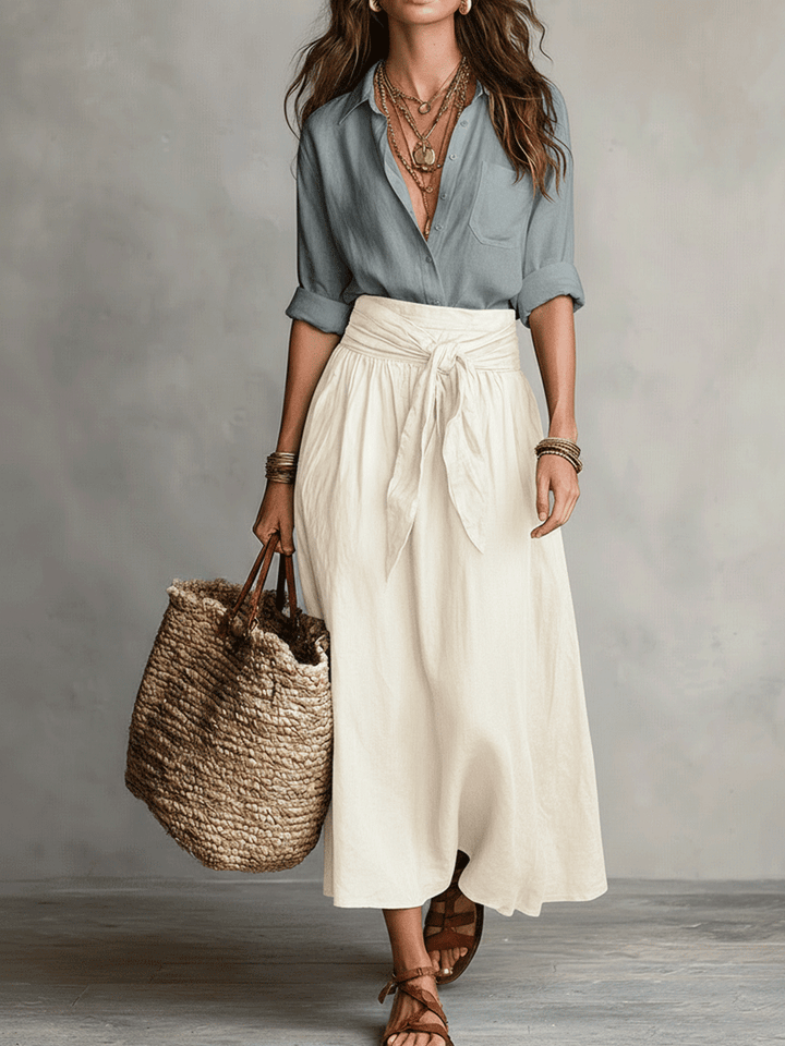 Effortless Linen Two Piece Set for Women with Button Front Tie Waist Maxi Skirt Boho Style