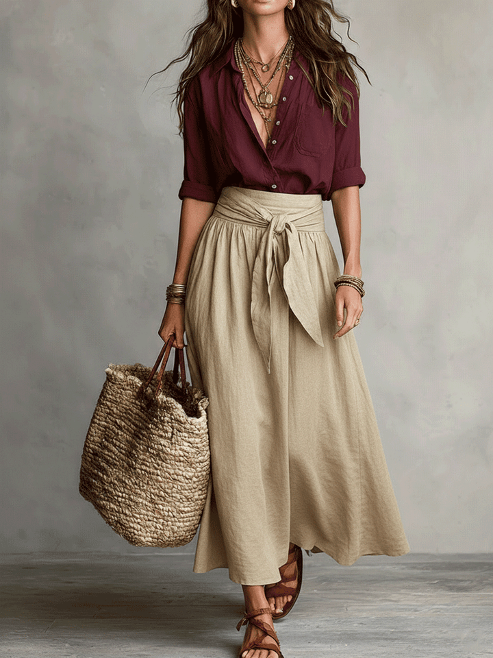 Effortless Linen Two Piece Set for Women with Button Front Tie Waist Maxi Skirt Boho Style