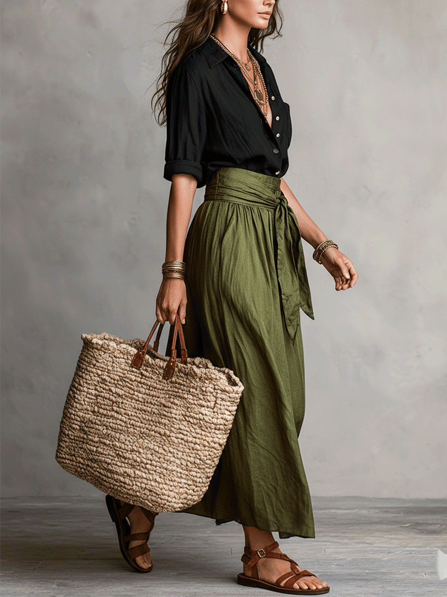 Effortless Linen Two Piece Set for Women with Button Front Tie Waist Maxi Skirt Boho Style
