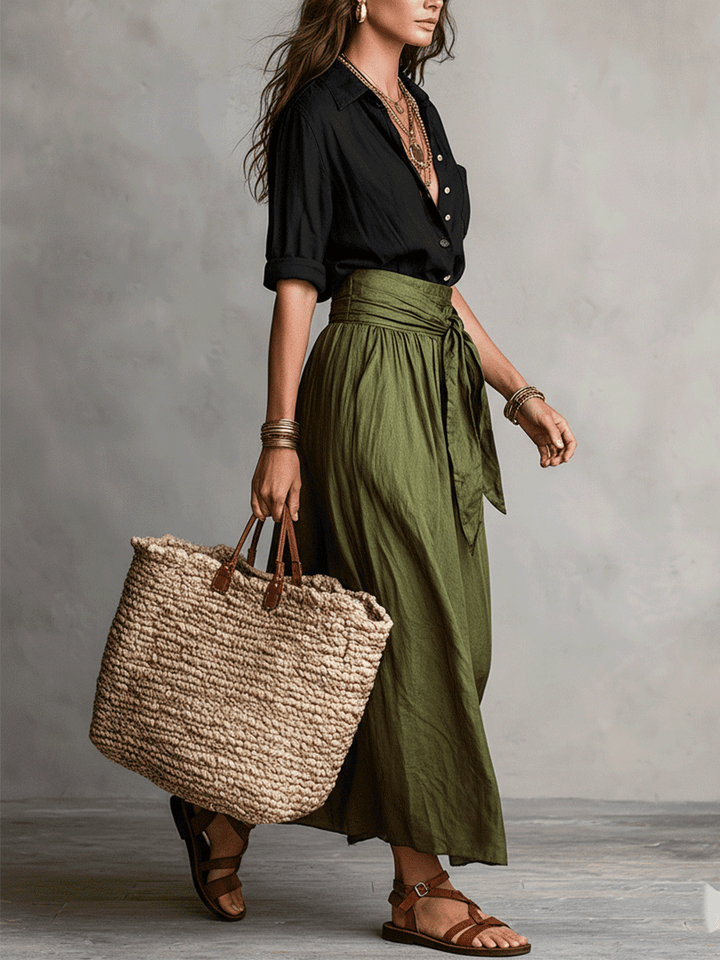 Effortless Linen Two Piece Set for Women with Button Front Tie Waist Maxi Skirt Boho Style