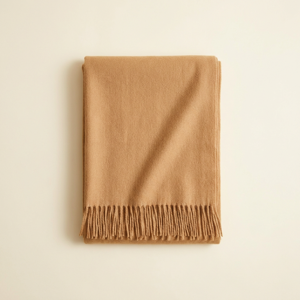 Carlotta solid blanket scarf in warm camel with fringe, folded on a cream studio backdrop