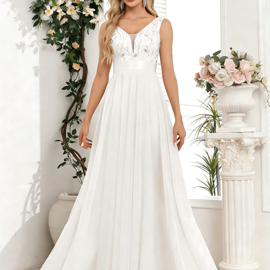 Elegant Embroidered Sequin Maxi Dress for Women with V Neck Sleeveless A Line Formal Wedding Guest Style