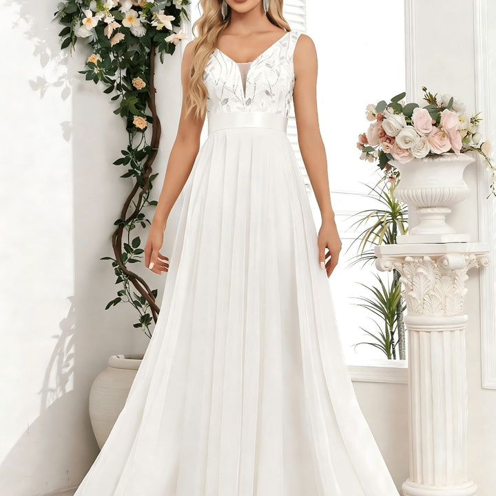 Elegant Embroidered Sequin Maxi Dress for Women with V Neck Sleeveless A Line Formal Wedding Guest Style