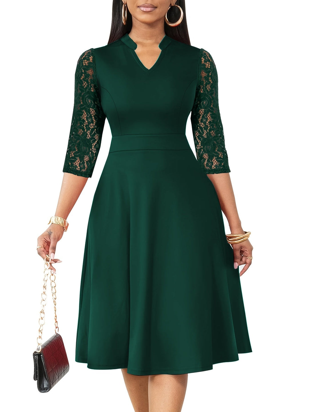 Elegant Lace Midi Dress for Women with Notch Neck Three Quarter Sleeve Fit and Flare Cocktail Style