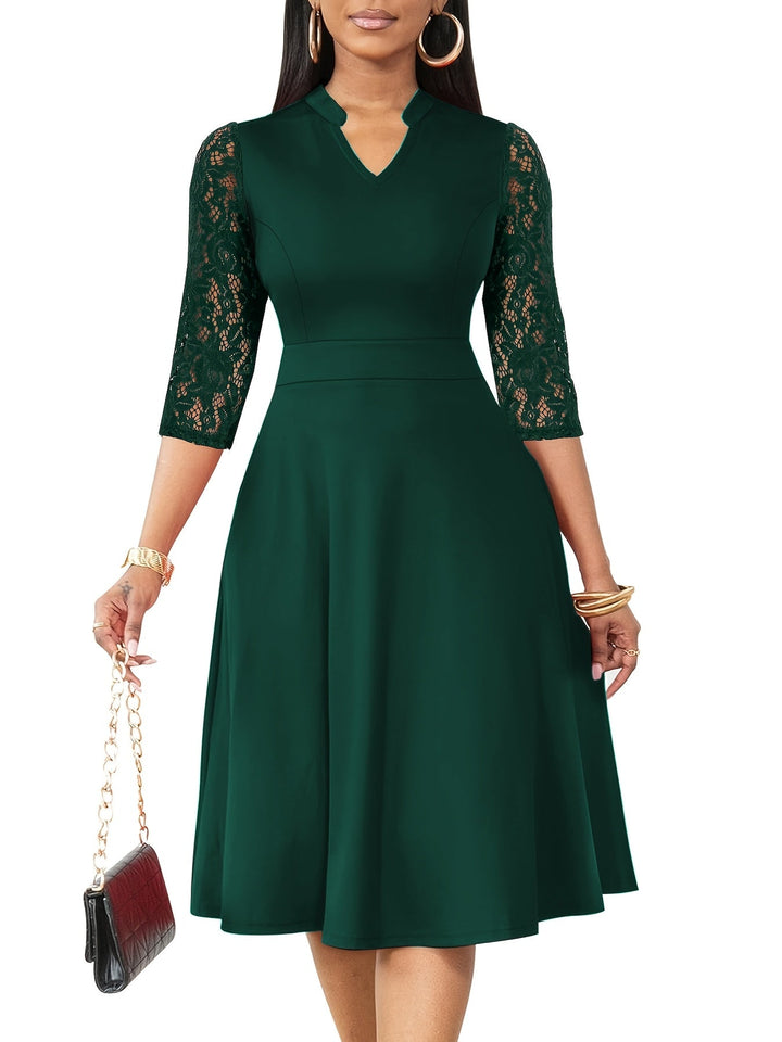 Elegant Lace Midi Dress for Women with Notch Neck Three Quarter Sleeve Fit and Flare Cocktail Style