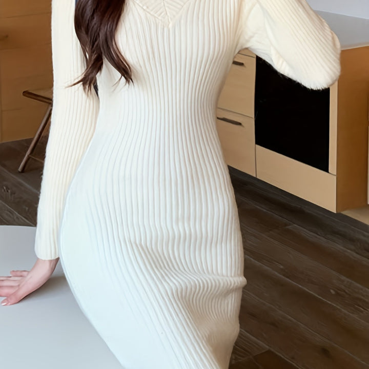 Elegant Ribbed Sweater Mini Dress for Women with V Neck Long Sleeve Bodycon Knit Style