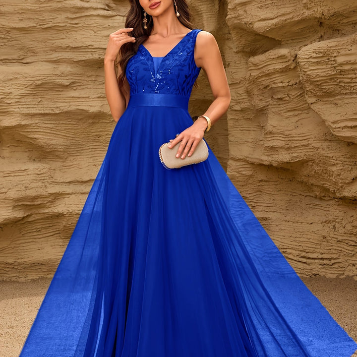 Elegant Embroidered Sequin Maxi Dress for Women with V Neck Sleeveless A Line Formal Wedding Guest Style