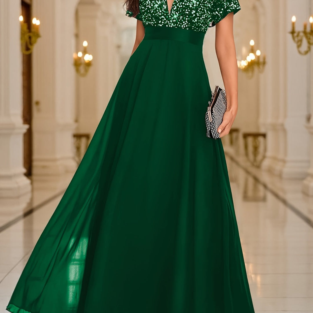 Elegant Sequin Maxi Dress for Women with V Neck Short Sleeve Empire Waist Flowing Formal Wedding Guest Style