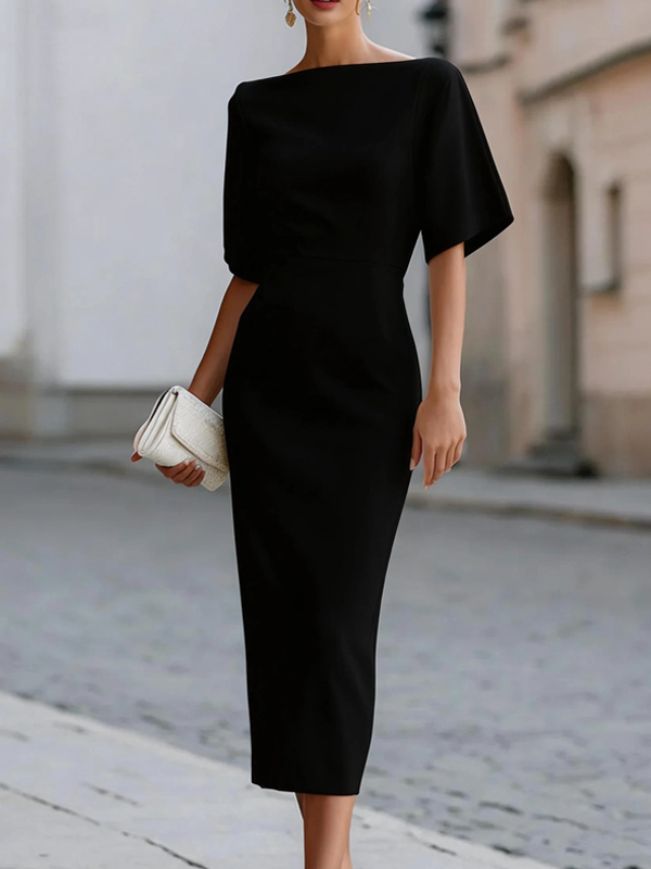 Elegant Sheath Midi Dress for Women with Boat Neck Flutter Sleeve Bodycon Cocktail Style