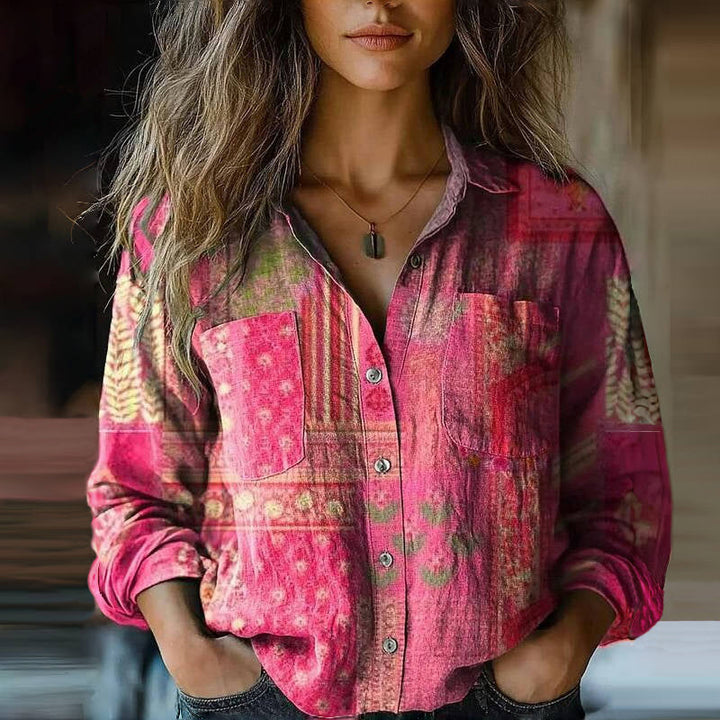 Effortless Boho Print Linen Blouse for Women with Collar Long Sleeve Button Front Relaxed Style