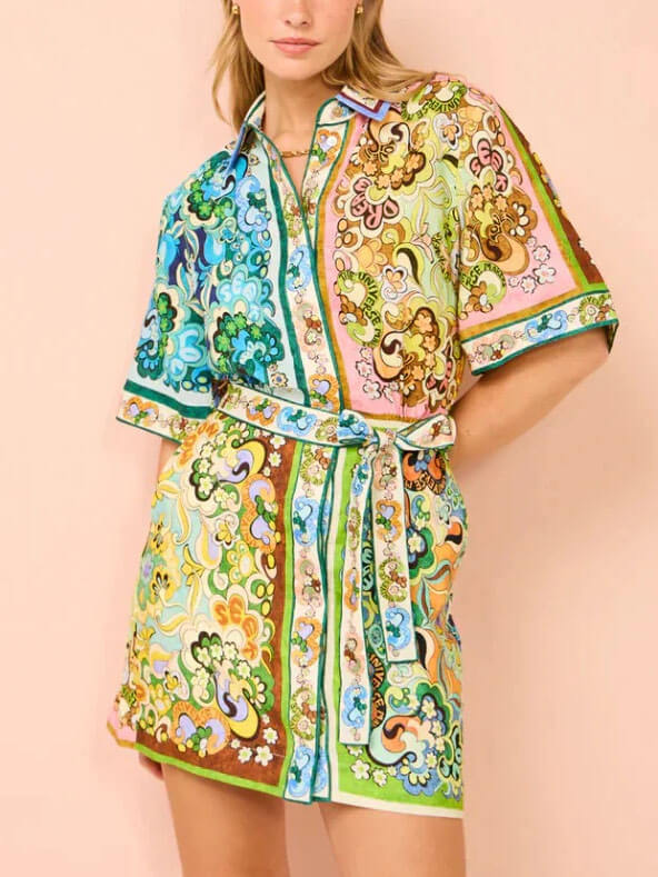 Elegant Multicolor Paisley Print Mini Dress for Women with Collar Short Sleeve Belted Retro Style