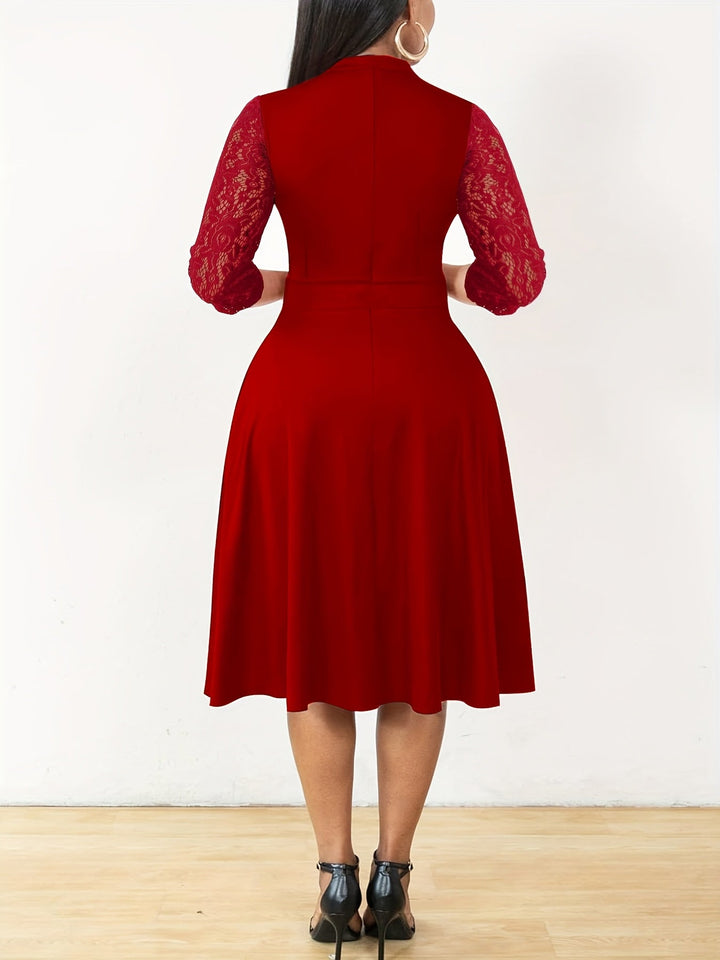 Elegant Lace Midi Dress for Women with Notch Neck Three Quarter Sleeve Fit and Flare Cocktail Style