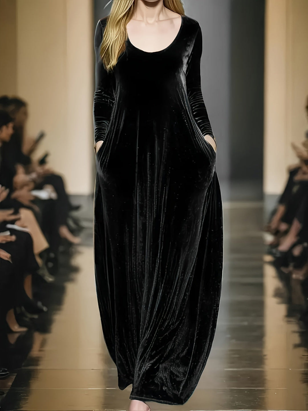 Elegant Velvet Maxi Dress for Women with Scoop Neck Long Sleeve Flowing Caftan Style