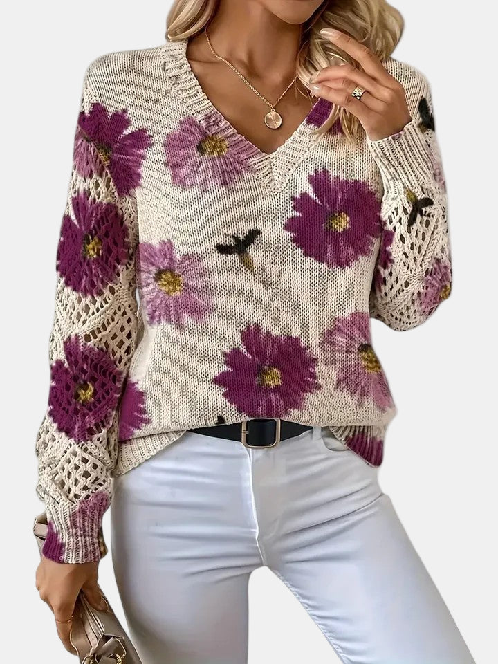 Comfortable Floral Crochet Sweater for Women with V Neck Long Sleeve Oversized Knit Style