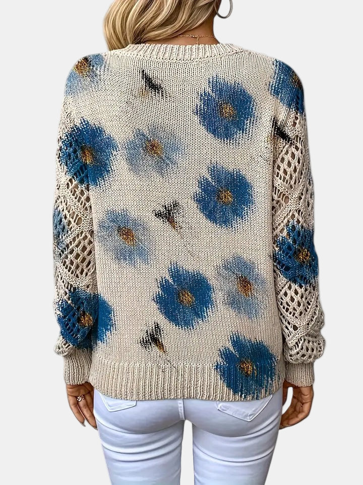 Comfortable Floral Crochet Sweater for Women with V Neck Long Sleeve Oversized Knit Style