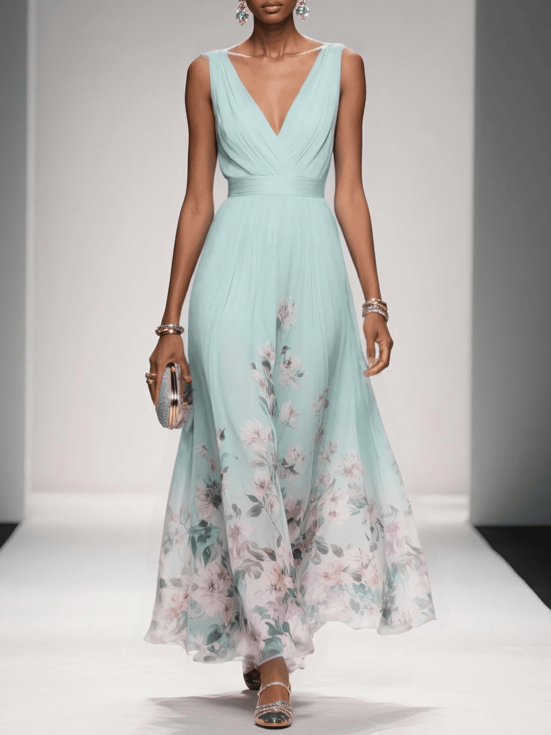 Effortless Floral Maxi Dress for Women with V Neck Sleeveless Flowing Formal Wedding Guest Style