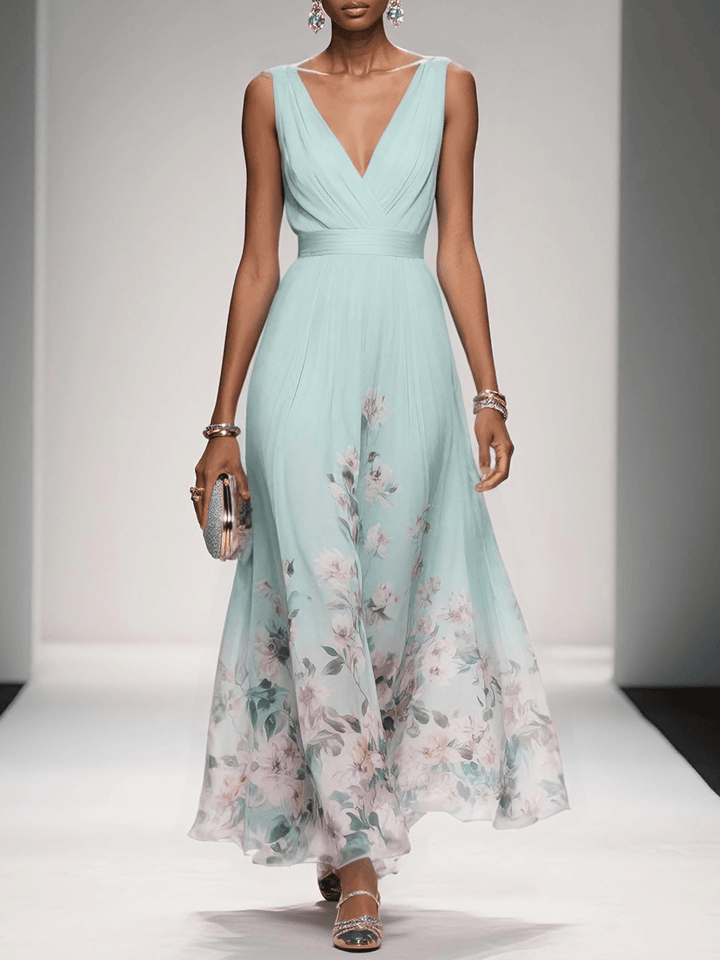 Effortless Floral Maxi Dress for Women with V Neck Sleeveless Flowing Formal Wedding Guest Style