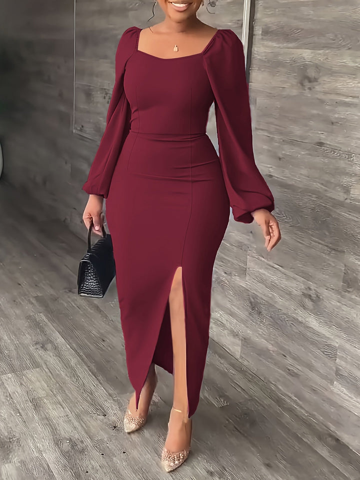 Elegant Bodycon Midi Dress for Women with Square Neck Long Puff Sleeve Side Slit Cocktail Style