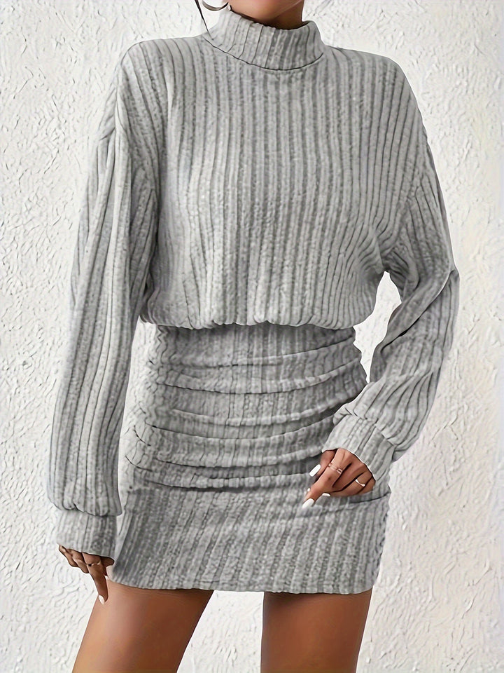 Comfortable Ribbed Mini Dress for Women with Mock Neck Long Sleeve Ruched Bodycon Sweater Style