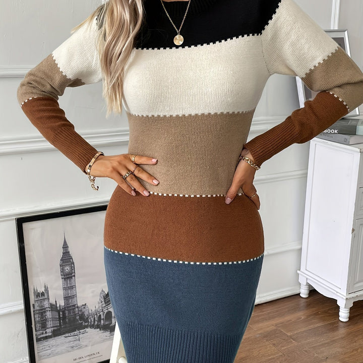 Elegant Colorblock Sweater Dress for Women with Crew Neck Long Sleeve Bodycon Knit Style
