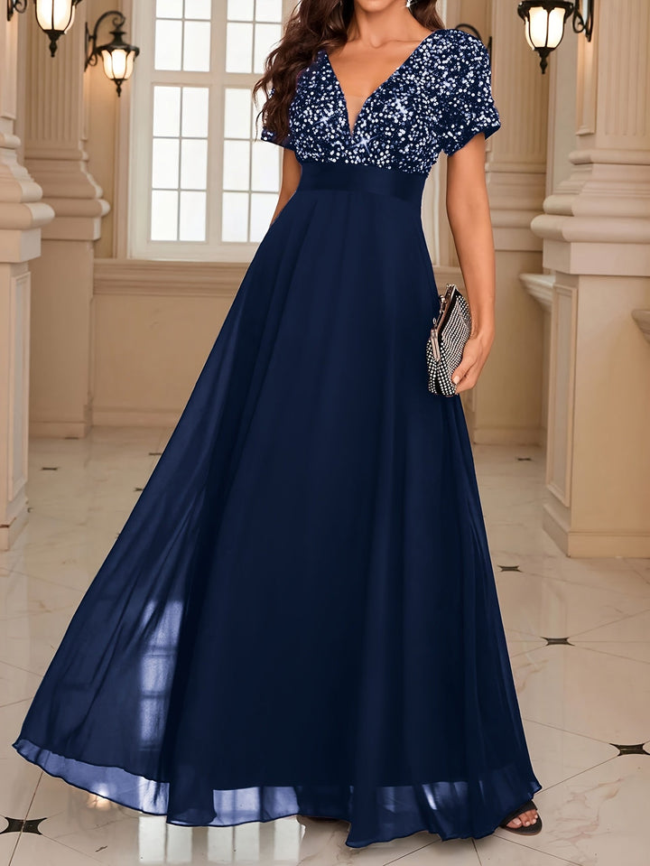 Elegant Sequin Maxi Dress for Women with V Neck Short Sleeve Empire Waist Flowing Formal Wedding Guest Style