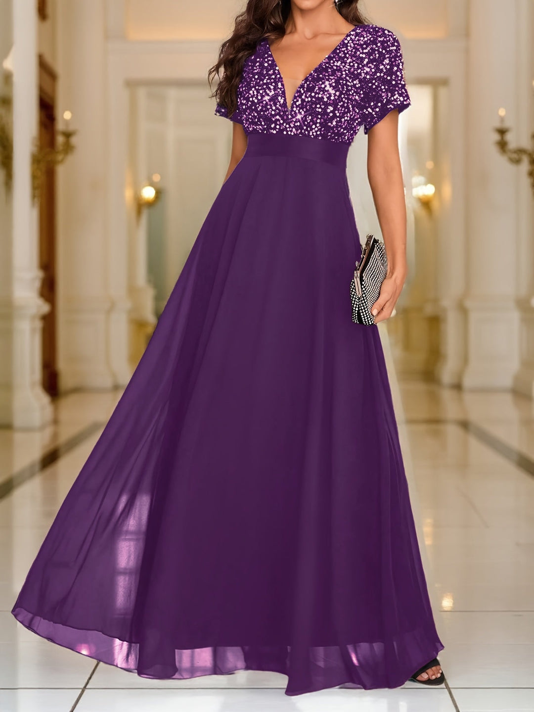 Elegant Sequin Maxi Dress for Women with V Neck Short Sleeve Empire Waist Flowing Formal Wedding Guest Style