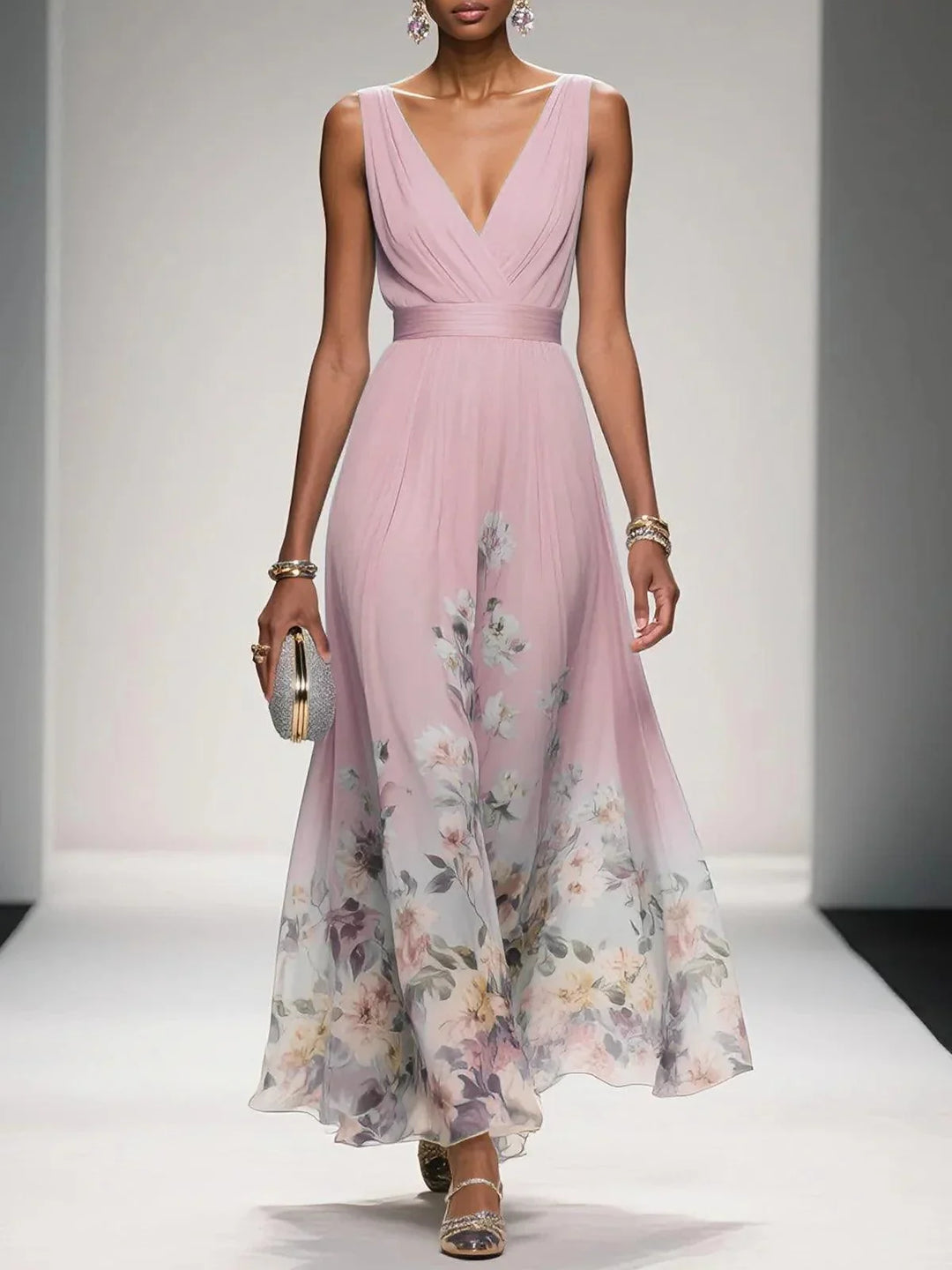 Effortless Floral Maxi Dress for Women with V Neck Sleeveless Flowing Formal Wedding Guest Style