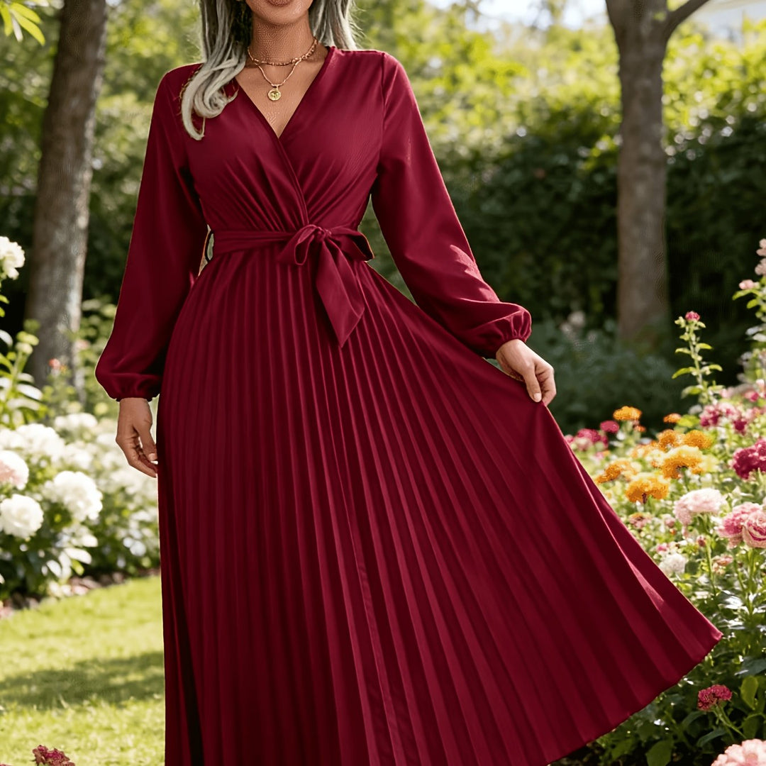 Elegant Pleated Wrap Maxi Dress for Women with V Neck Long Sleeve Belted Flowing Style