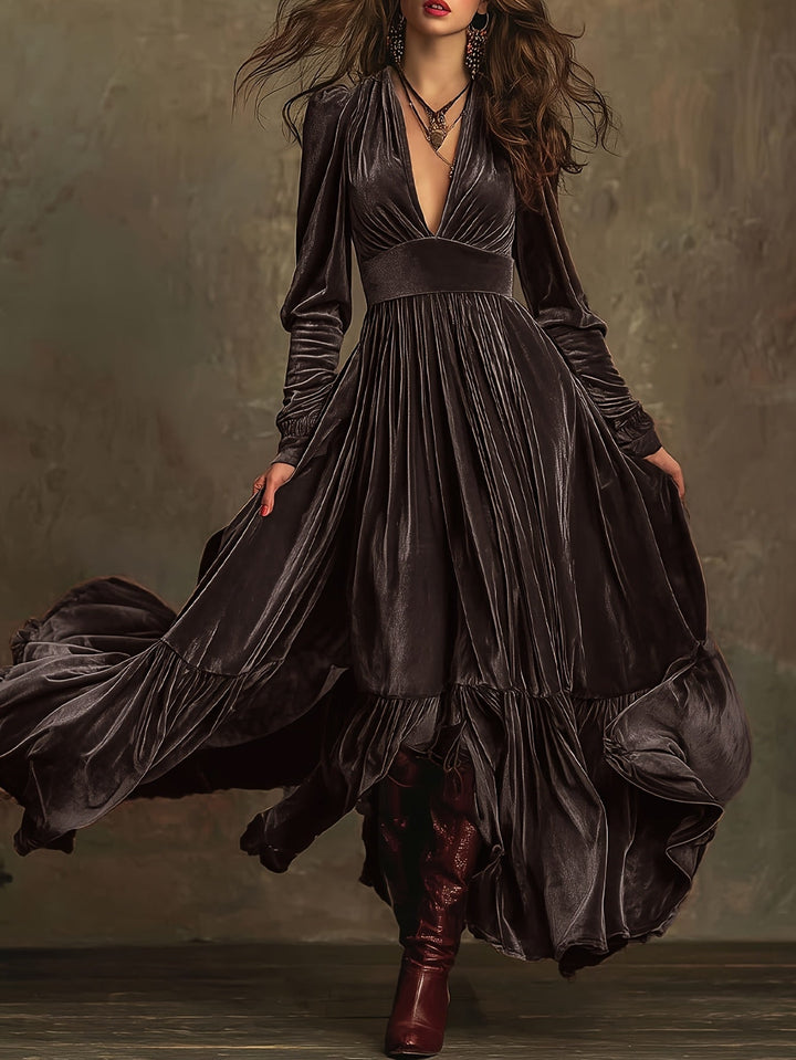 Elegant Velvet Maxi Dress for Women with Plunging V Neck Long Sleeve Tiered Ruffle Flowing Style