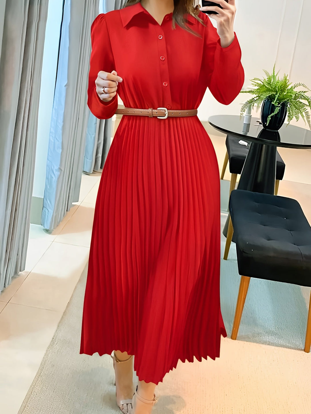 Elegant Pleated Shirt Dress for Women with Collar Long Sleeve Belted Flowing Style