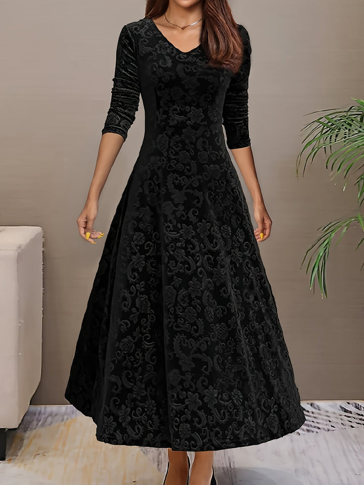 Elegant Velvet Floral Maxi Dress for Women with V Neck Long Sleeve A Line Flowing Formal Style