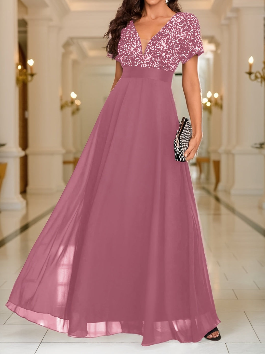 Elegant Sequin Maxi Dress for Women with V Neck Short Sleeve Empire Waist Flowing Formal Wedding Guest Style