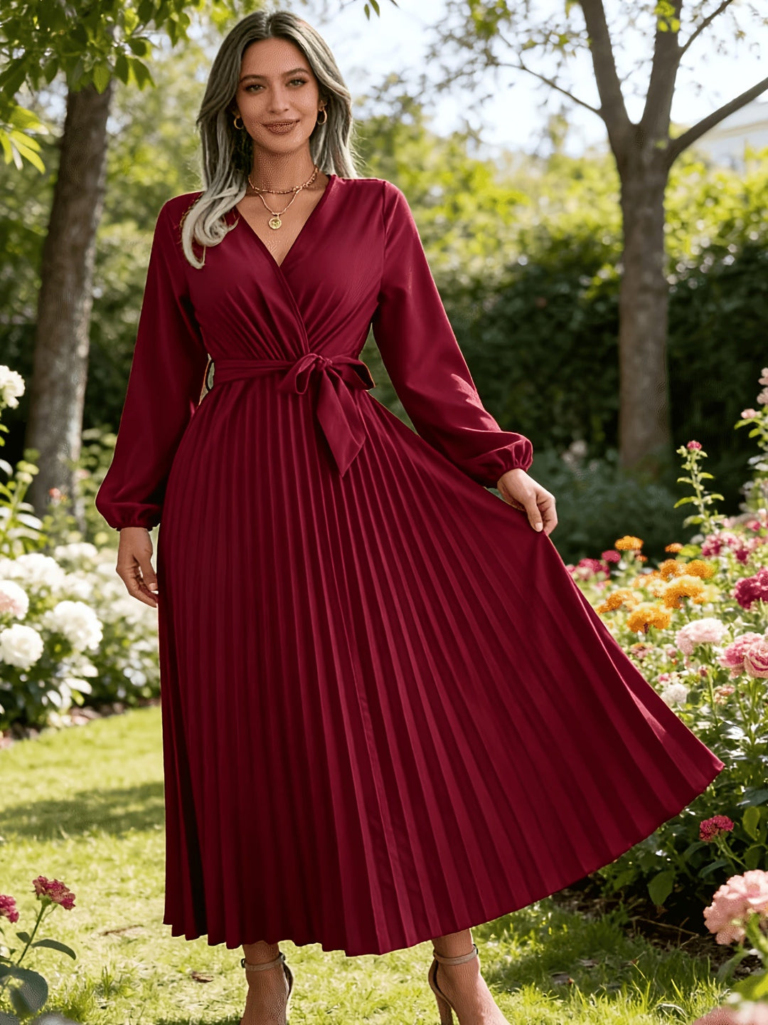 Elegant Pleated Wrap Maxi Dress for Women with V Neck Long Sleeve Belted Flowing Style