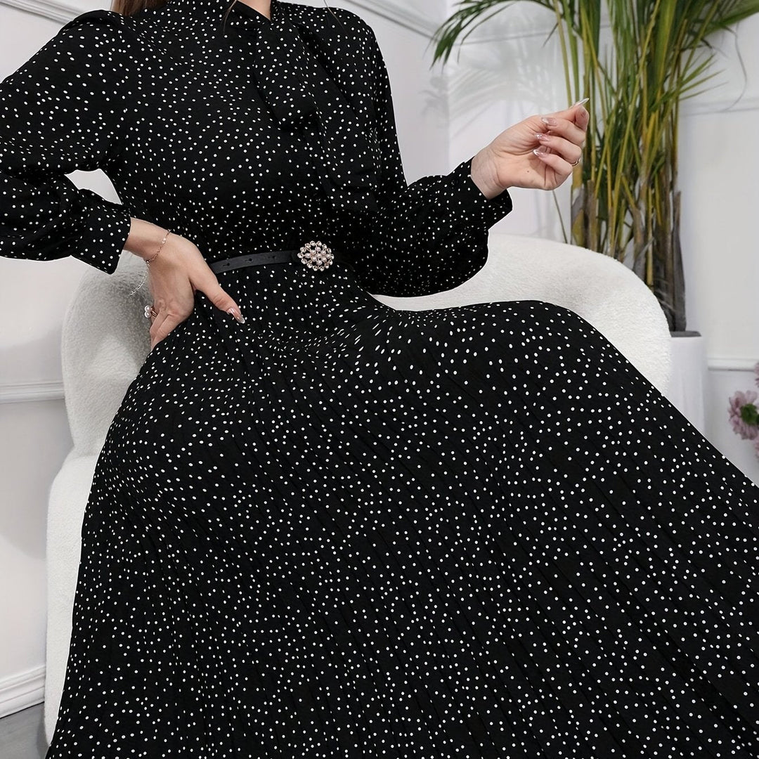 Elegant Polka Dot Maxi Dress for Women with Tie Neck Long Sleeve Pleated Belted Flowing Style
