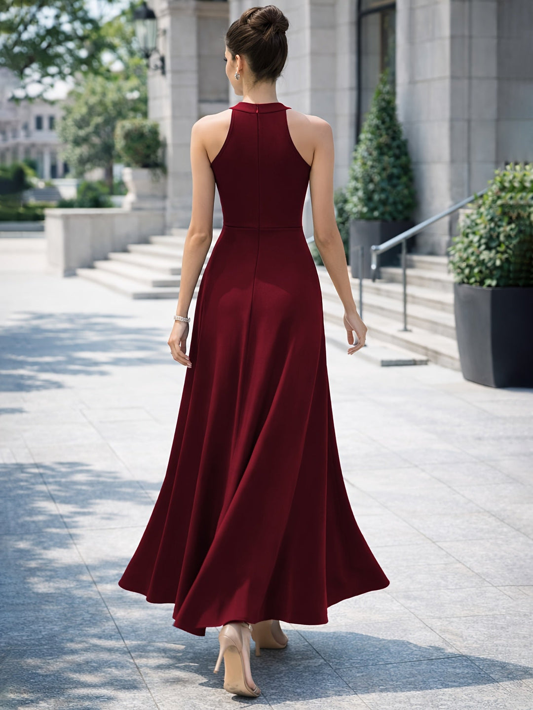 Elegant Satin Maxi Dress for Women with Halter Neck High Slit A Line Formal Wedding Guest Style