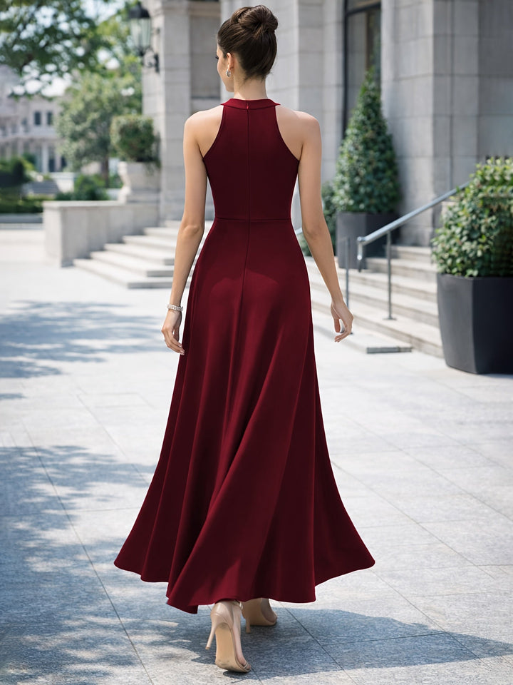 Elegant Satin Maxi Dress for Women with Halter Neck High Slit A Line Formal Wedding Guest Style