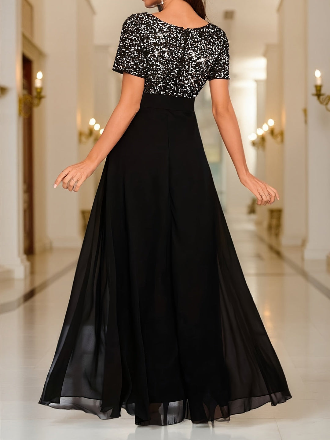 Elegant Sequin Maxi Dress for Women with V Neck Short Sleeve Empire Waist Flowing Formal Wedding Guest Style